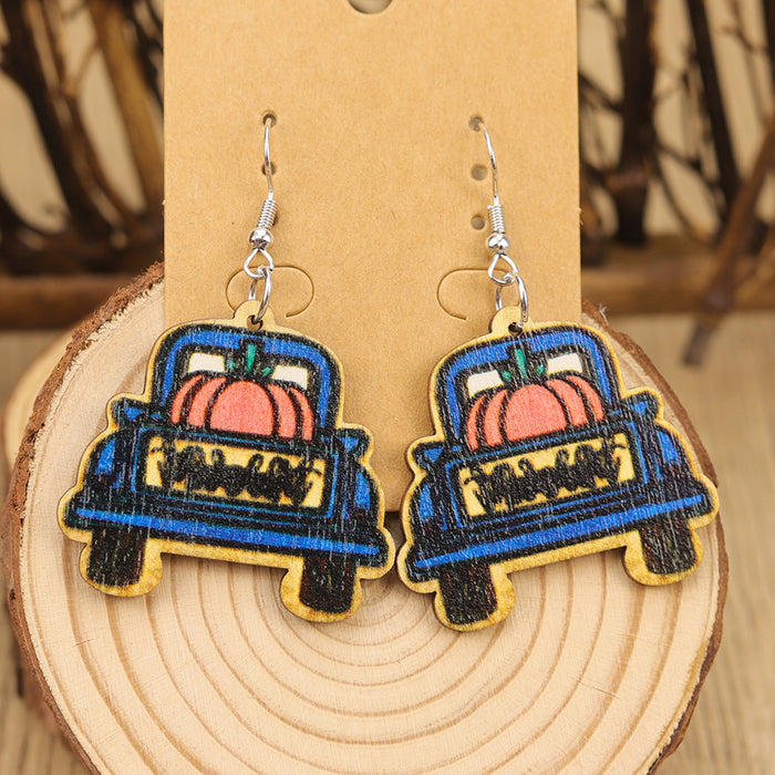 Wholesale Autumn Thanksgiving Christmas Holly Harvest Pumpkin Car Maple Leaf Women' s Wooden Earrings