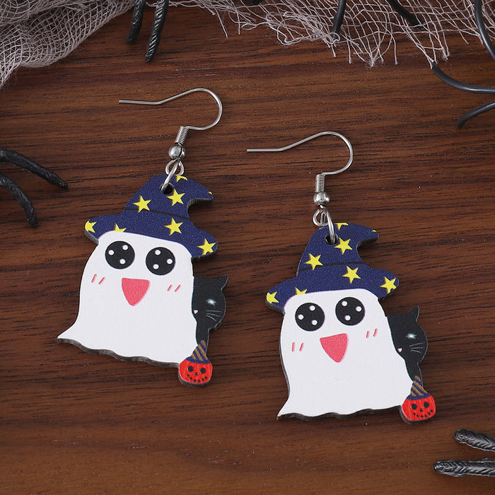 Wholesale  Pumpkin Black Cat Ghost Pendant Earrings Wooden Gothic Double-sided Ear Jewelry
