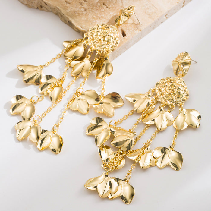 Wholesale Alloy Gold Petal Long Tassel Earrings Trendy Fashion Accessory