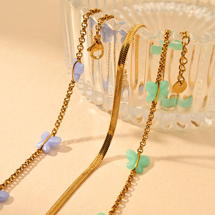 Wholesale Cross border fashion stainless steel snake bone chain, colorful oil dripping butterfly ankle chain