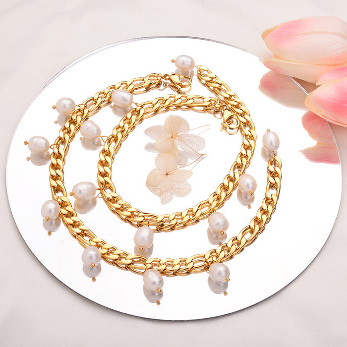 Wholesale Hip hop personality stainless steel natural freshwater pearl Cuban chain foot chain color preservation wholesale