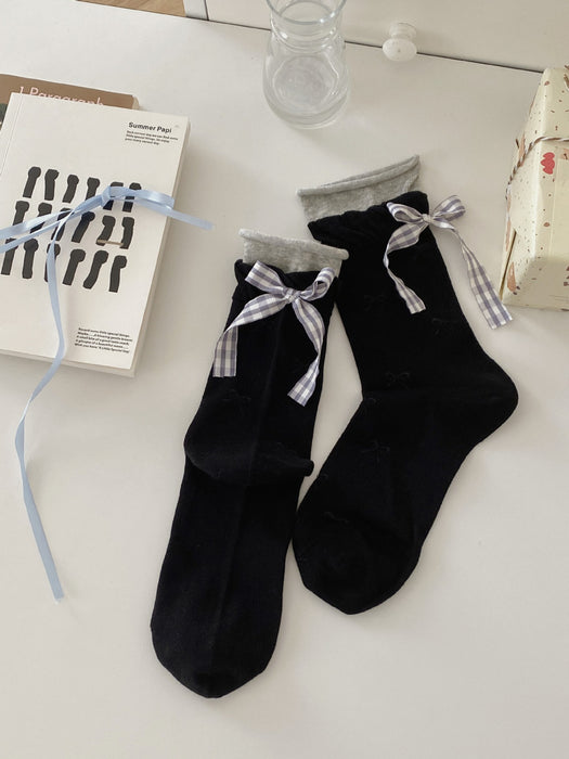 Wholesale Checkered bow socks boneless anti pilling pile socks