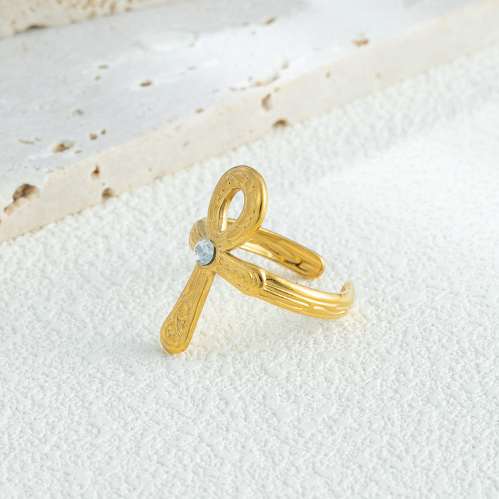 Wholesale Key of Life Anka Cross Open Ring Diamond Stainless Steel Ring