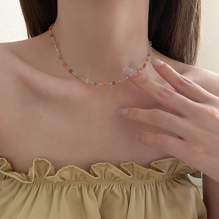 Wholesale Colorful block crystal necklace, niche design, versatile collarbone chain, fashionable temperament, light luxury pendant