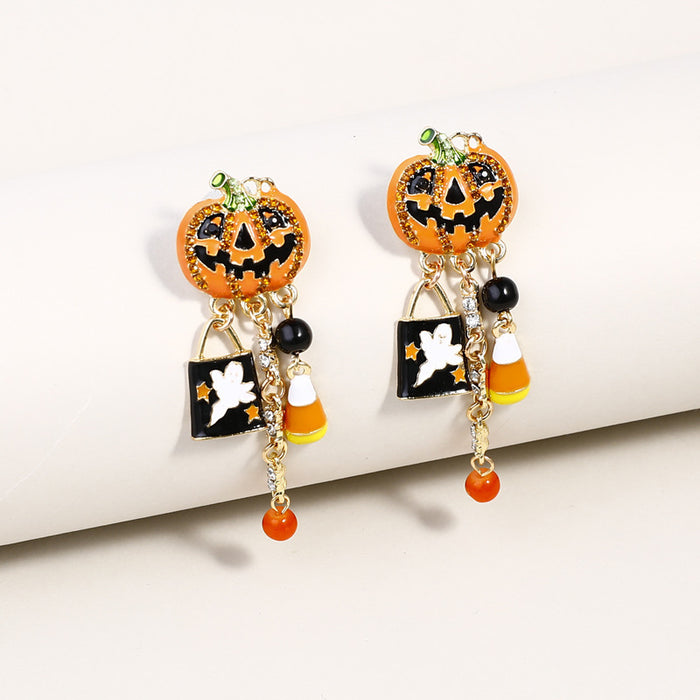 Wholesale Halloween New Drip Oil and Diamond Pumpkin Head Zinc Alloy Earrings JDC-ES-JiCai001