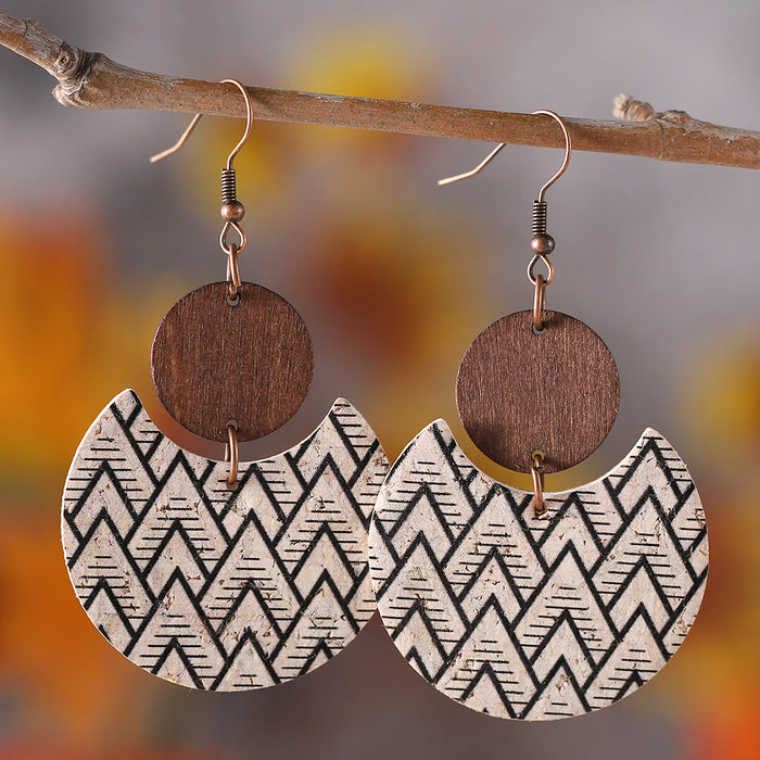 Wholesale Bohemian distressed floral and leaf-printed leather and wood ing pendant earrings double-sided earrings