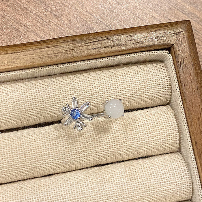 Wholesale Small niche luxury colored micro inlaid open ring with fashionable hollow flower temperament, layered wearing