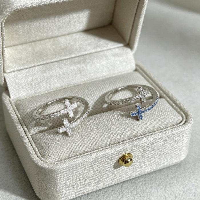 Wholesale Gold Plated Double Cross Zircon Ring Adjustable Unisex Fashion Accessory