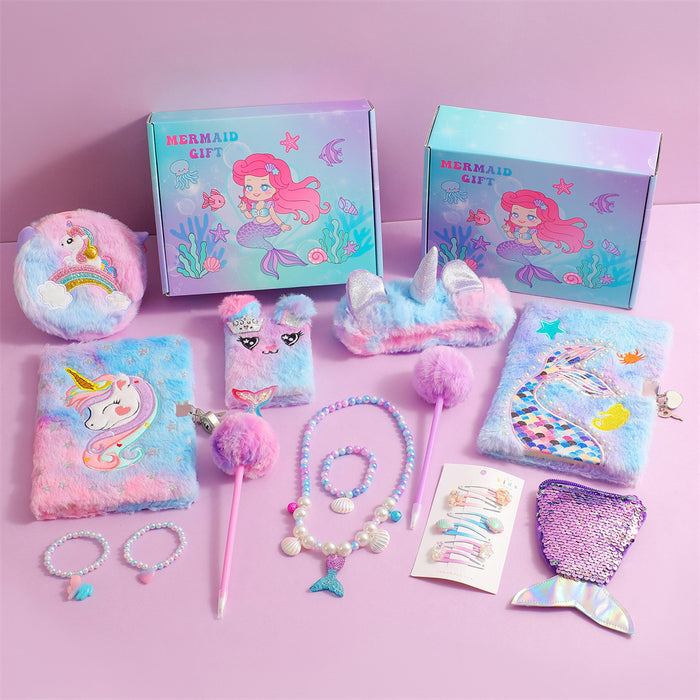 Wholesale Mermaid Tail Plush Notebook Set with Diary Bracelet and Handbag Gift Box