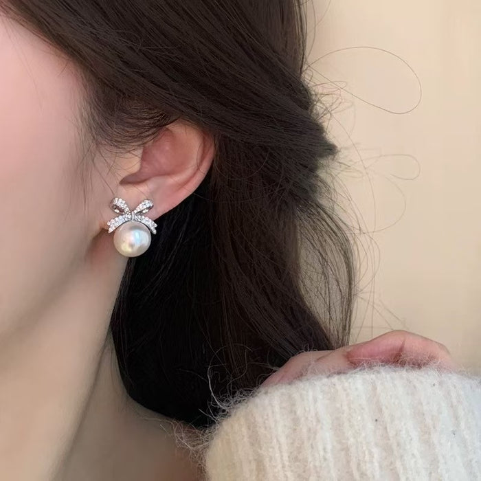 Wholesale Full Diamond Bow Pearl Earrings Female