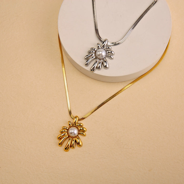Wholesale Stainless steel solid sunflower necklace with personalized light luxury snake bone chain and petal necklace with pearls