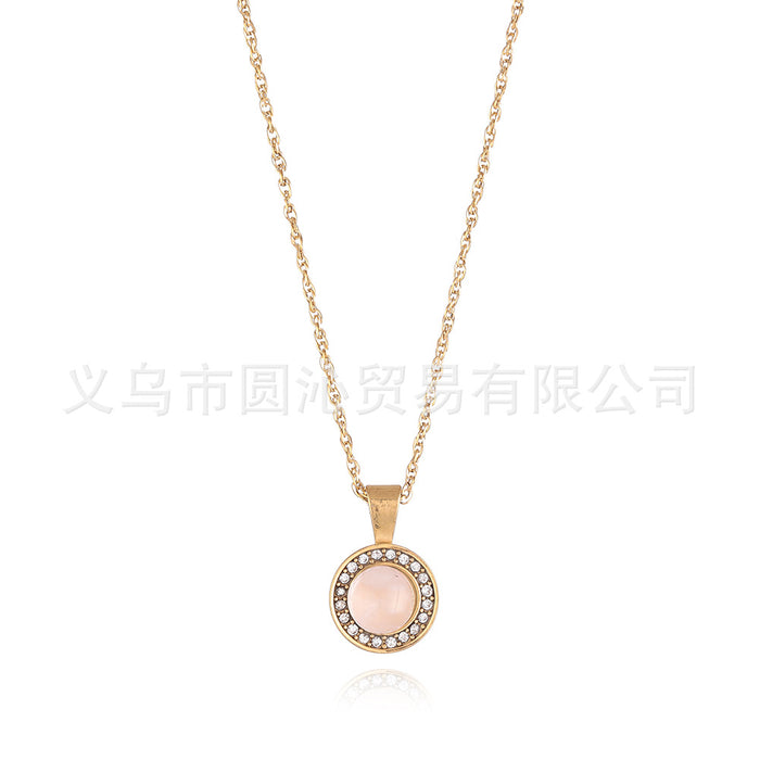 Wholesale Vintage diamond inlaid circular natural stone pendant necklace, light luxury niche stainless steel collarbone chain jewelry wholesale