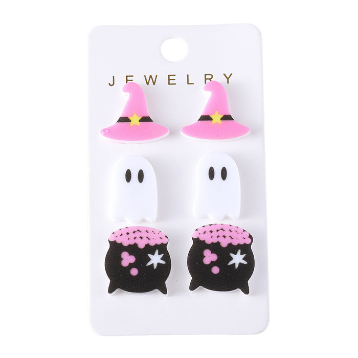 Wholesale  Cute Witch Hat Ghost Magic Cylinder Earrings Set Acrylic Cartoon Party Earrings
