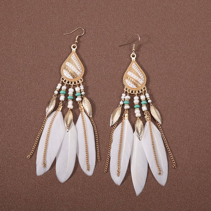 Wholesale Alloy Bohemian Feather Tassel Long Earrings JDC-ES-Gumi004