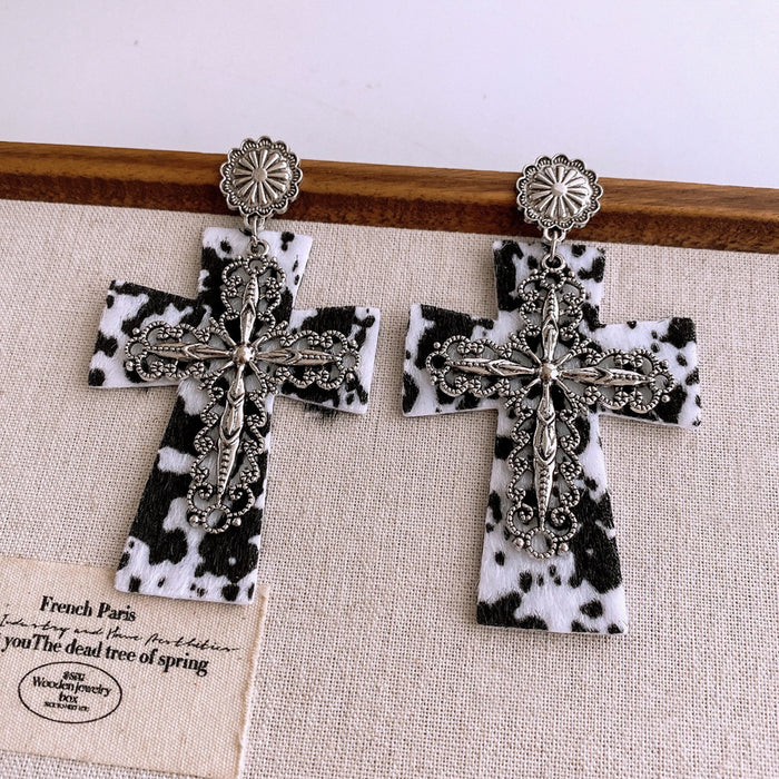 Wholesale Western-style leather leopard print cross earrings