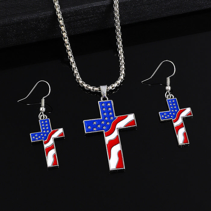 Wholesale American Independence Day Cross Pendant Alloy Necklace and Earrings Set JDC-NE-QingWen001