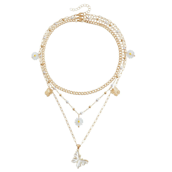 Wholesale Drip oil butterfly daisy retro layered layered collarbone chain