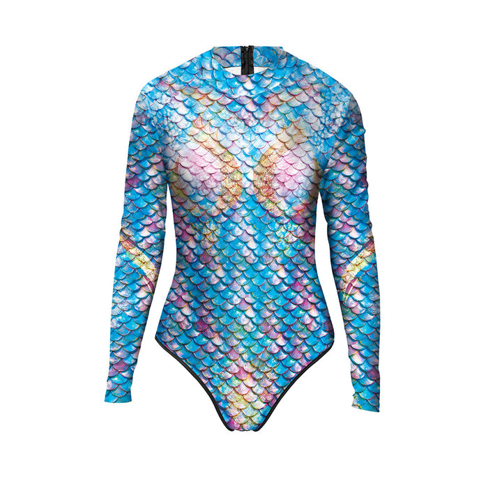 Wholesale Swimsuit digital printed fish scale long sleeved one-piece swimsuit