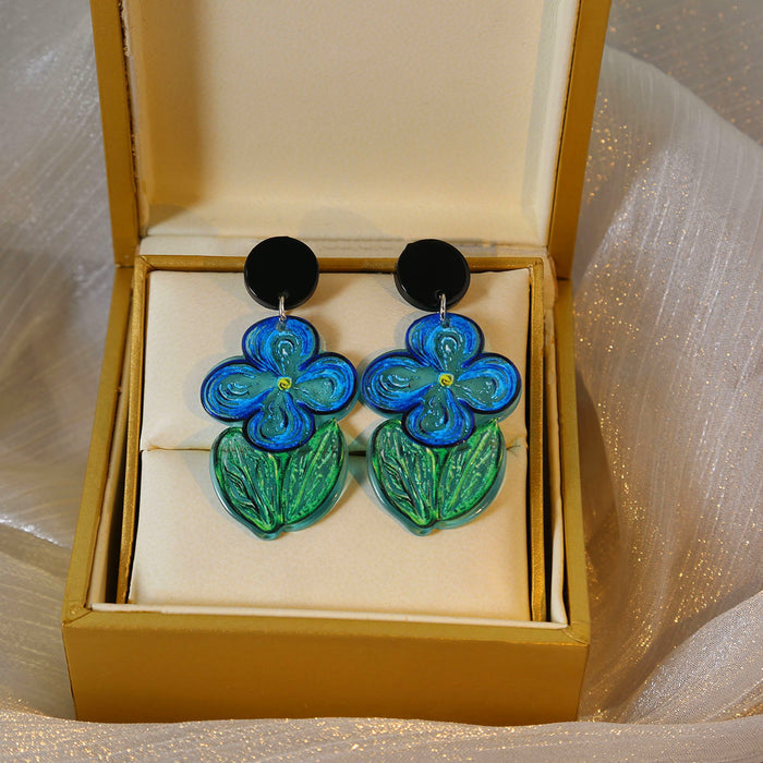 Wholesale Summer Oil Painting Blue Flower Earrings Mori Style Graffiti Acrylic Earrings