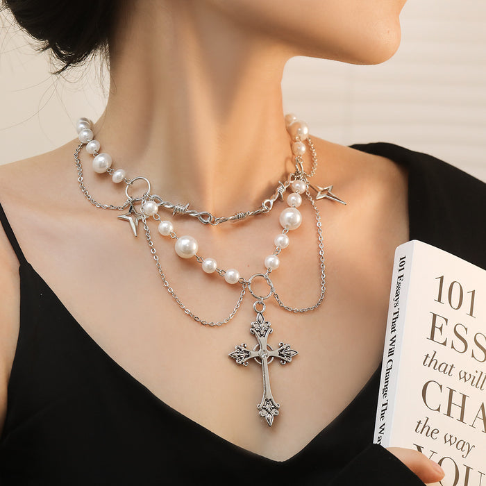 Wholesale Niche high-end design double-layer high gloss pearl cross necklace versatile