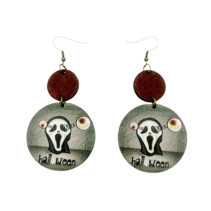 Wholesale Halloween Wooden Print Ghost Earrings JDC-ES-Yinxue007