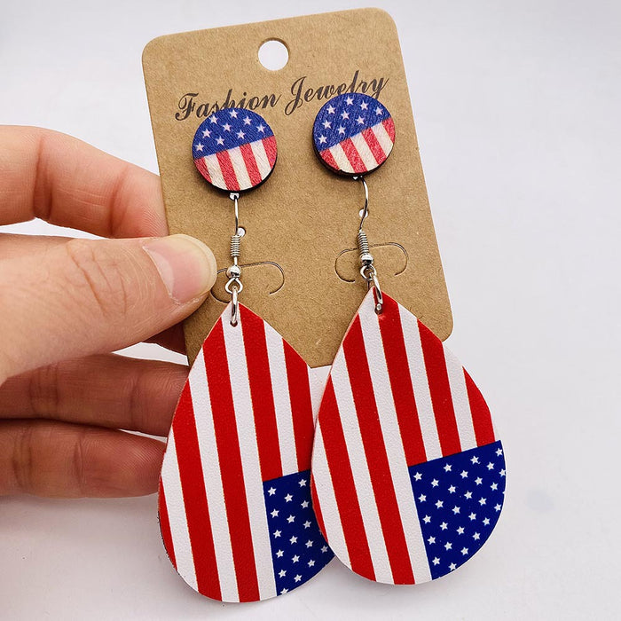 Wholesale New Independence Day Earrings Earring Set with American Flag Round Heart Five Pointed Star Sunflower Leather Earrings JDC-ES-YaChen002