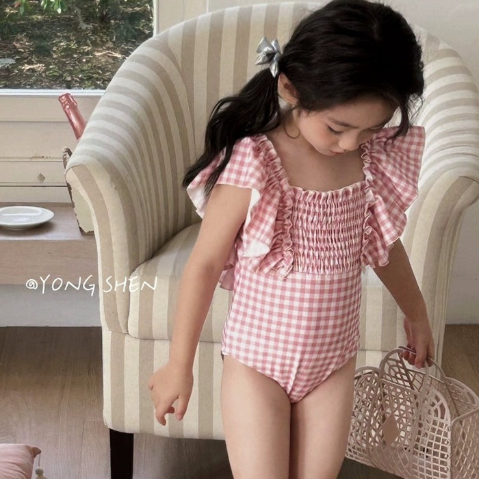 Wholesale Pink plaid lace one-piece swimsuit for vacation