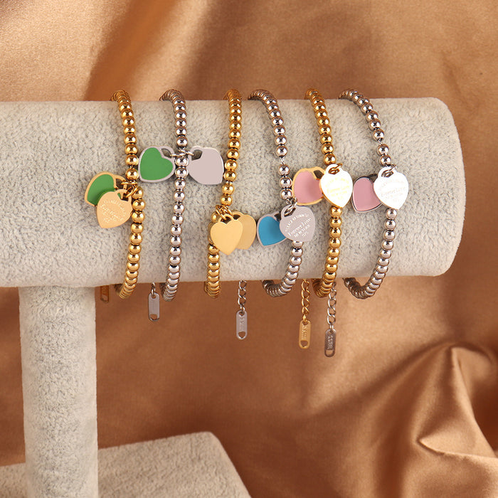 Wholesale Titanium Steel Multi-Color Enamel Peach Heart-Shaped Bracelet
