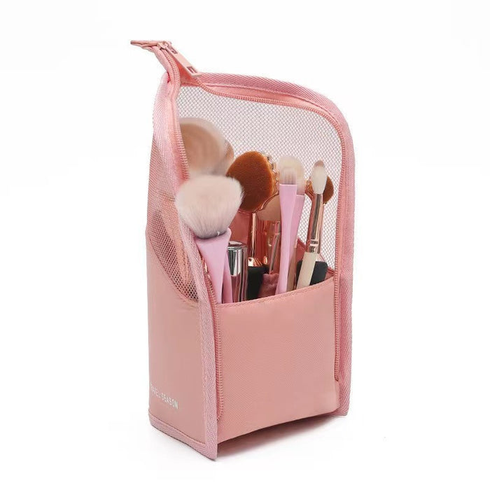 Wholesale Stylish Pink Polyester Mesh Cosmetic Bag Large Capacity Travel Makeup Organizer