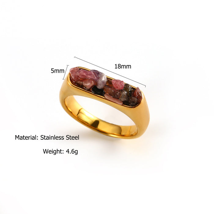 Wholesale Original design: Gold stainless steel inlaid with natural crushed stone ring, fashionable and trendy, multi colored jewelry wholesale