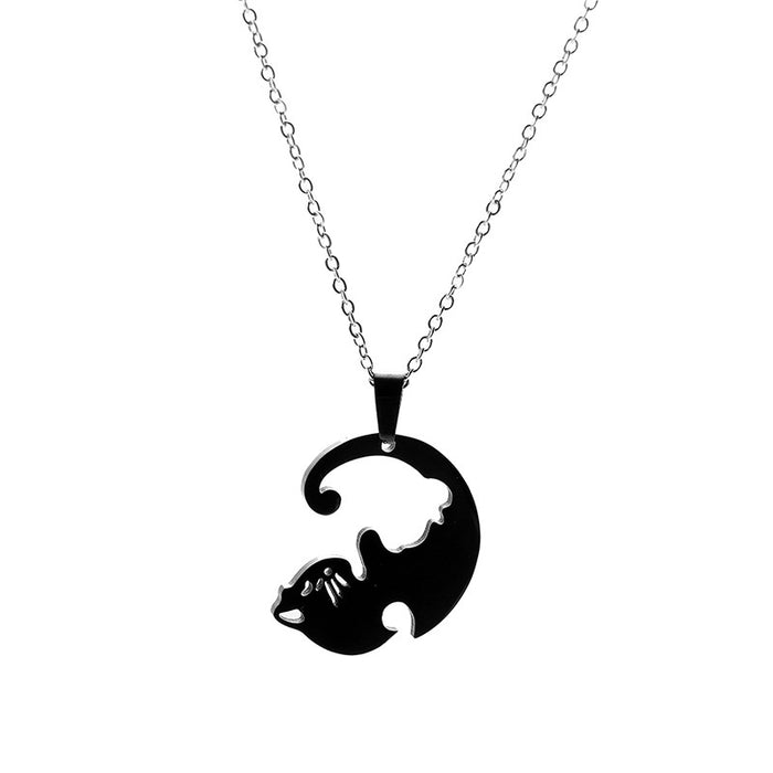 Wholesale Stainless Steel Black and White Cat Hug Splicing Pendant Necklace JDC-NE-LiL004