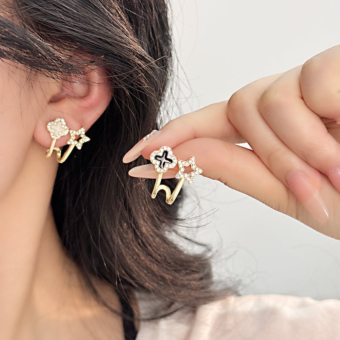 Wholesale Silver Needle Exquisite Four Leaf Petal Earrings with Water Diamond Pentagram Earrings, Fashionable and Personalized Small Earrings Wholesale