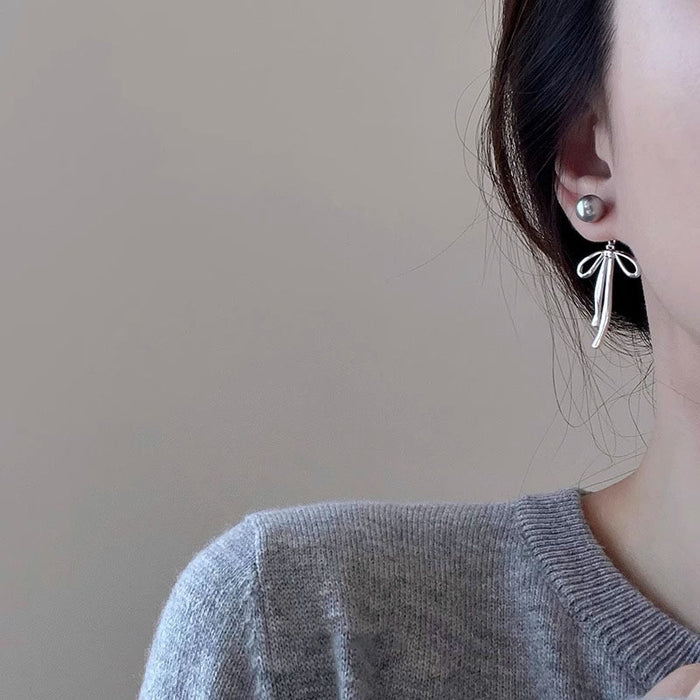 Wholesale  bowknot Gray Pearl long earrings  women one two-piece earrings without piercing  ear clip