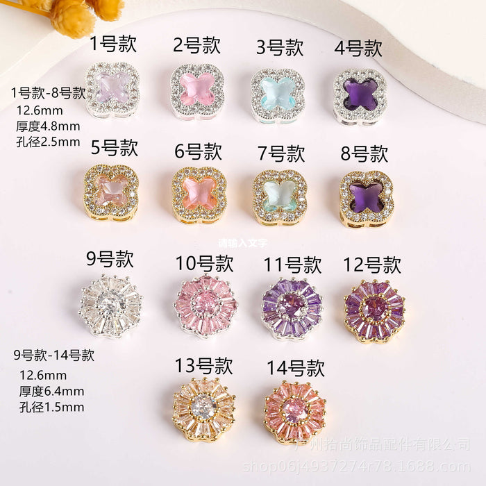 Wholesale 10pcs Micro inlaid zircon separated beads, four leaf clover round snowflake beads, porous scattered beads, DIY crystal bracelet string