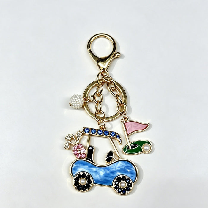Wholesale Golf Themed Keychain With Rhinestone Pearl Accent Gold Metal Key Ring Fashion Car Key Accessory Everyday Gift For Resale
