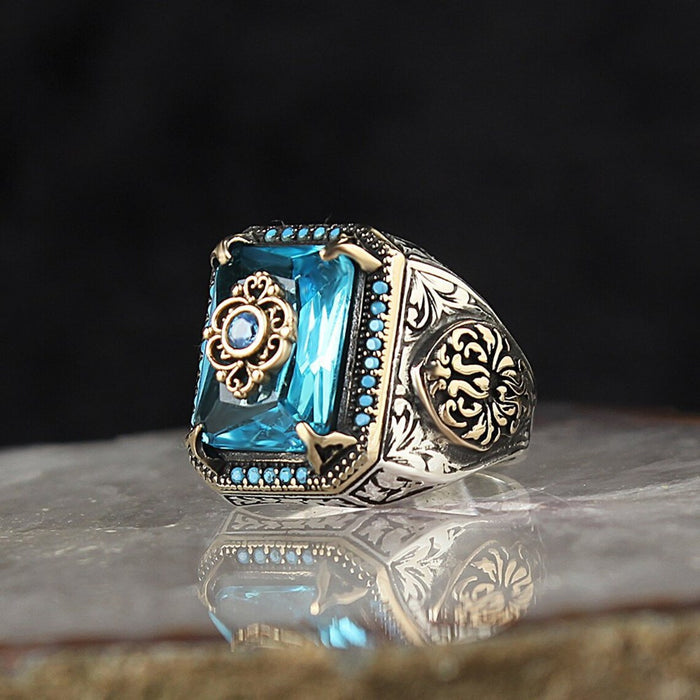 Wholesale Ethnic Style Texture Inlaid with Sea Blue Zircon Alloy Men's Ring JDC-RS-Yud026