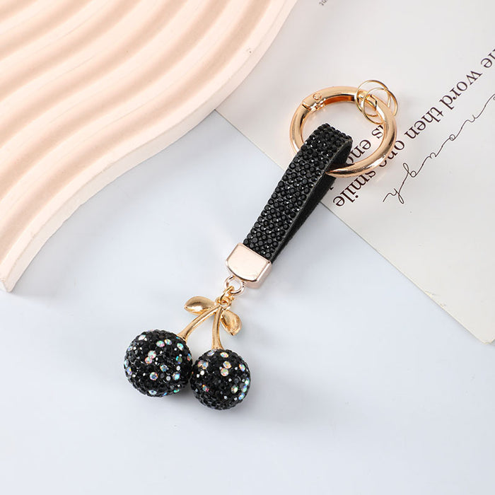 Wholesale Leather Cord with Diamond-Studded Cherry Keychain Pendant