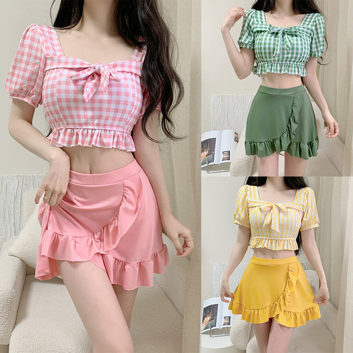 Wholesale Female swimsuit two-piece set with grid pattern, student swimsuit, hot spring bath, professional wholesale