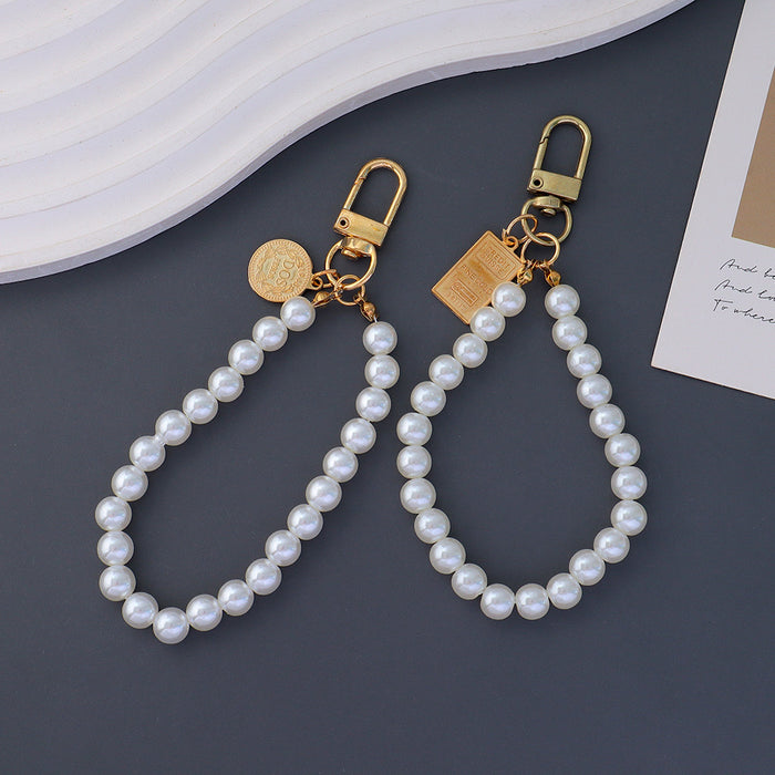 Wholesale Pearl Bead Chain Keychain Metal Square Figure Pendant Mobile Phone Case Hanging