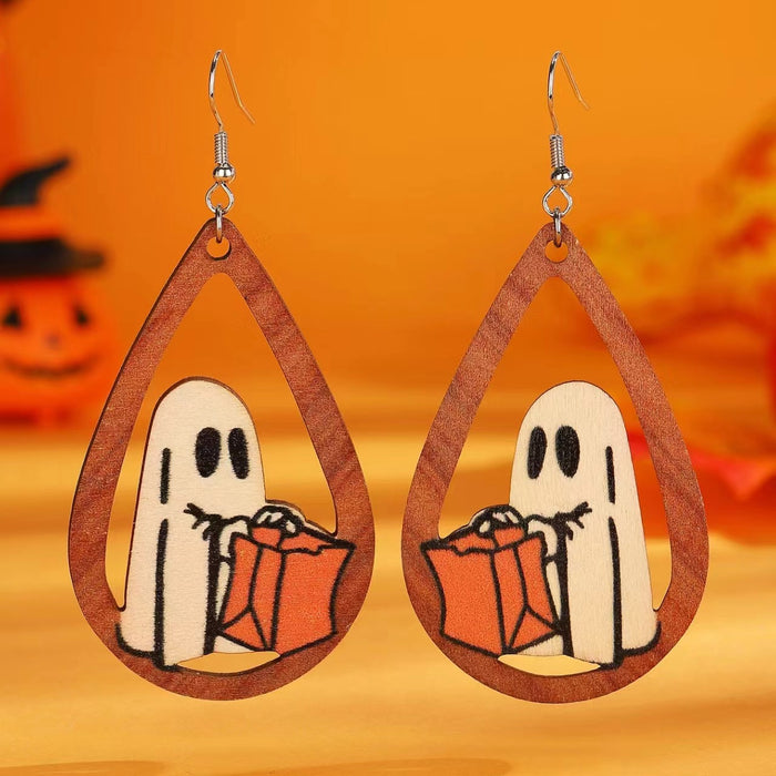Wholesale  Gothic Black Cat Ghost Pumpkin ing Triple Pendant Earrings Wooden Funny Earrings