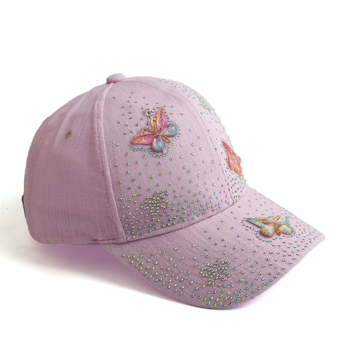 Wholesale Butterfly-studded rhinestone linen baseball cap for outdoor use