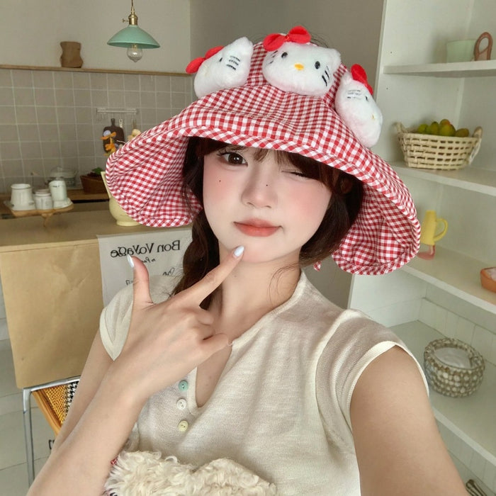 Wholesale Leisure red checkered basin hat with large brim for sun protection, cute cartoon fisherman hat