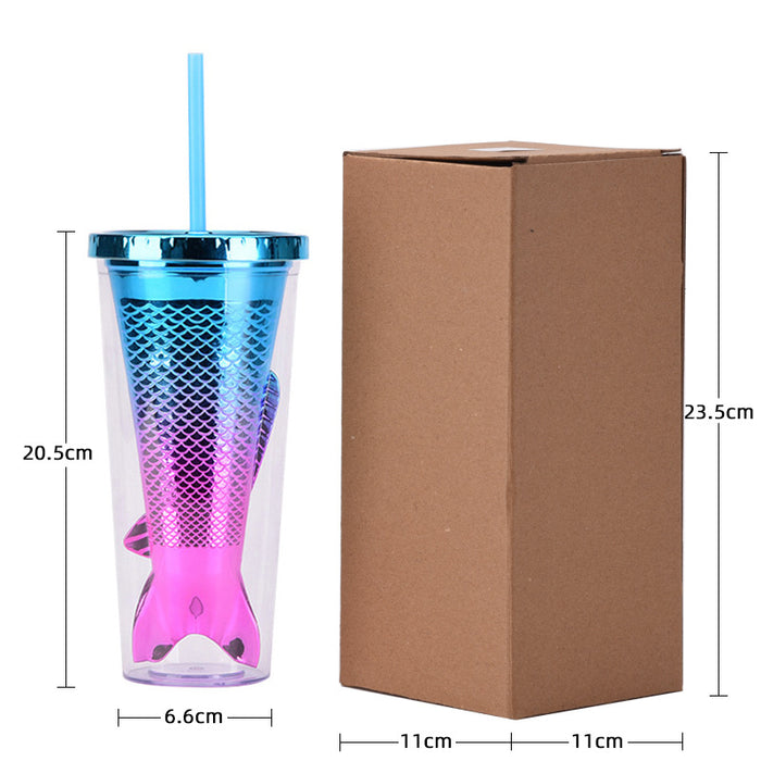 Wholesale Double-layer Plastic Cup Creative Gradient Mermaid Tail Colorful Sequin Straw Water Cup JDC-CUP-MaiG005