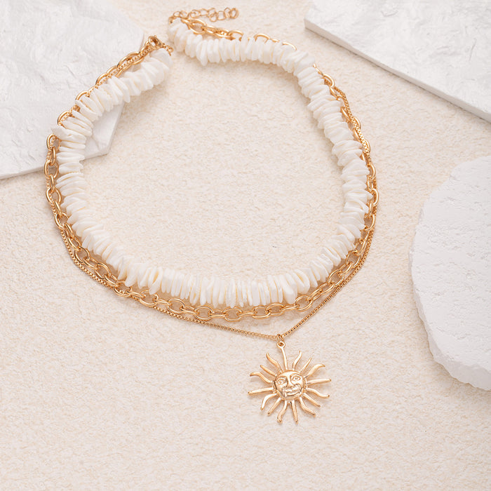 Wholesale Fashionable natural shell necklace, light luxury, high-end feeling, sun pendant, multiple layers, wearing collarbone chain