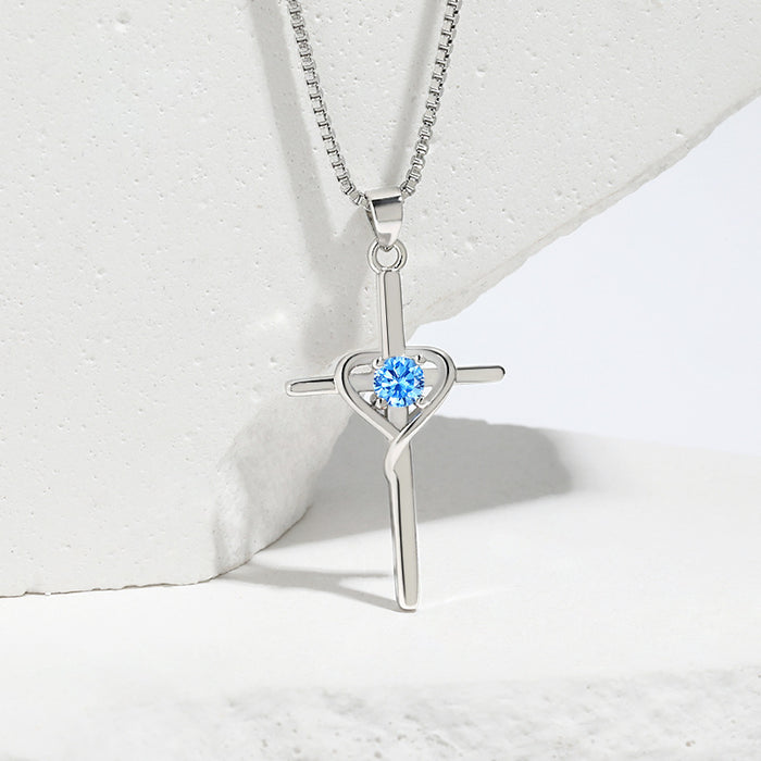 Wholesale heart-shaped stone clavicle chain  retro cold wind faith cross necklace