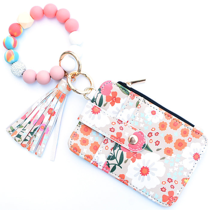 Wholesale PU Women's Leather Coin Purse Card Holder Silicone Wrist Daisy Floral DIY Beaded Women's Keychain