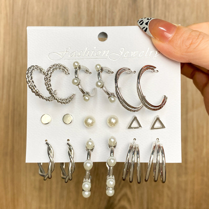 Wholesale 6-piece geometric pearl and diamond statement earring set