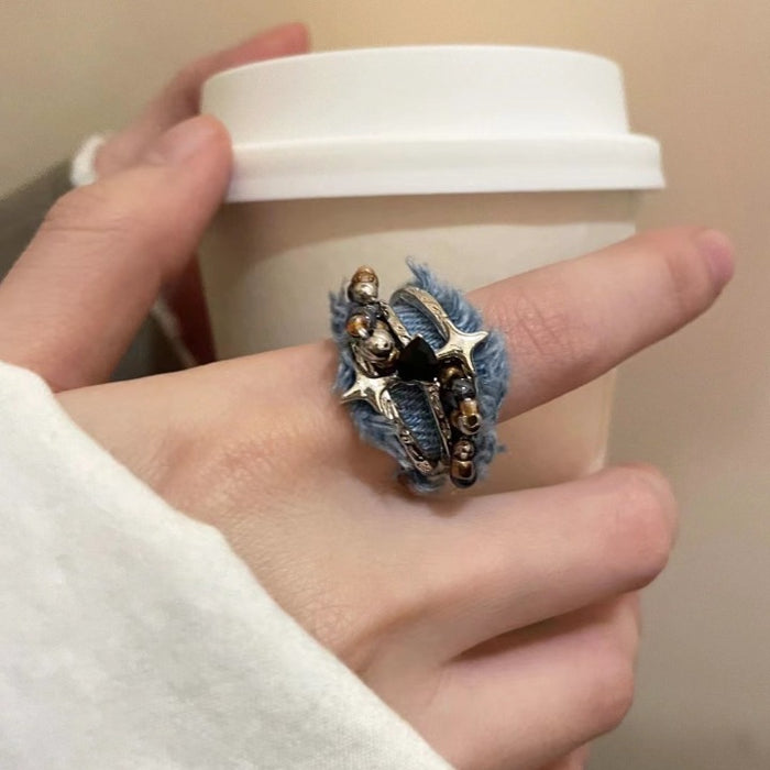 Wholesale Fashionable denim ring with heart opening personality, niche and versatile, retro new style ring