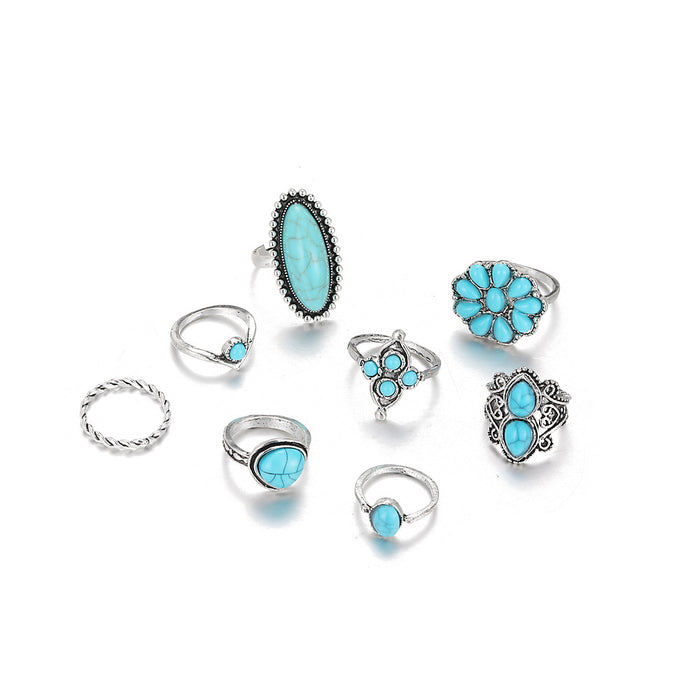 Wholesale Retro Bohemian Turquoise 8-piece Set Ring