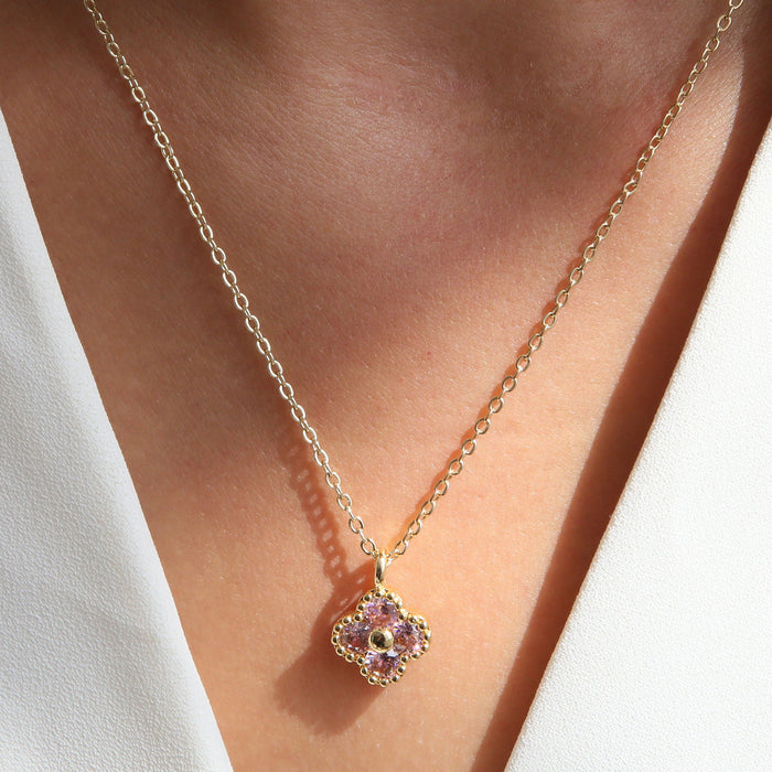 Wholesale 18k brass micro inlaid colored zirconium four-leaf clover flower  pendant clavicle chain necklace